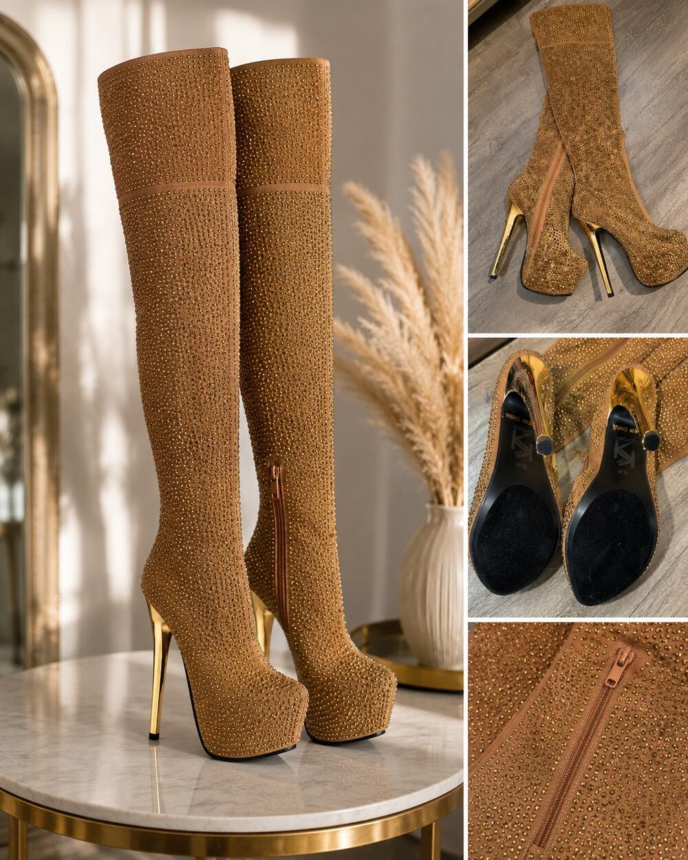 Kiss Kouture Rhinestone Thigh-High Platform Boots